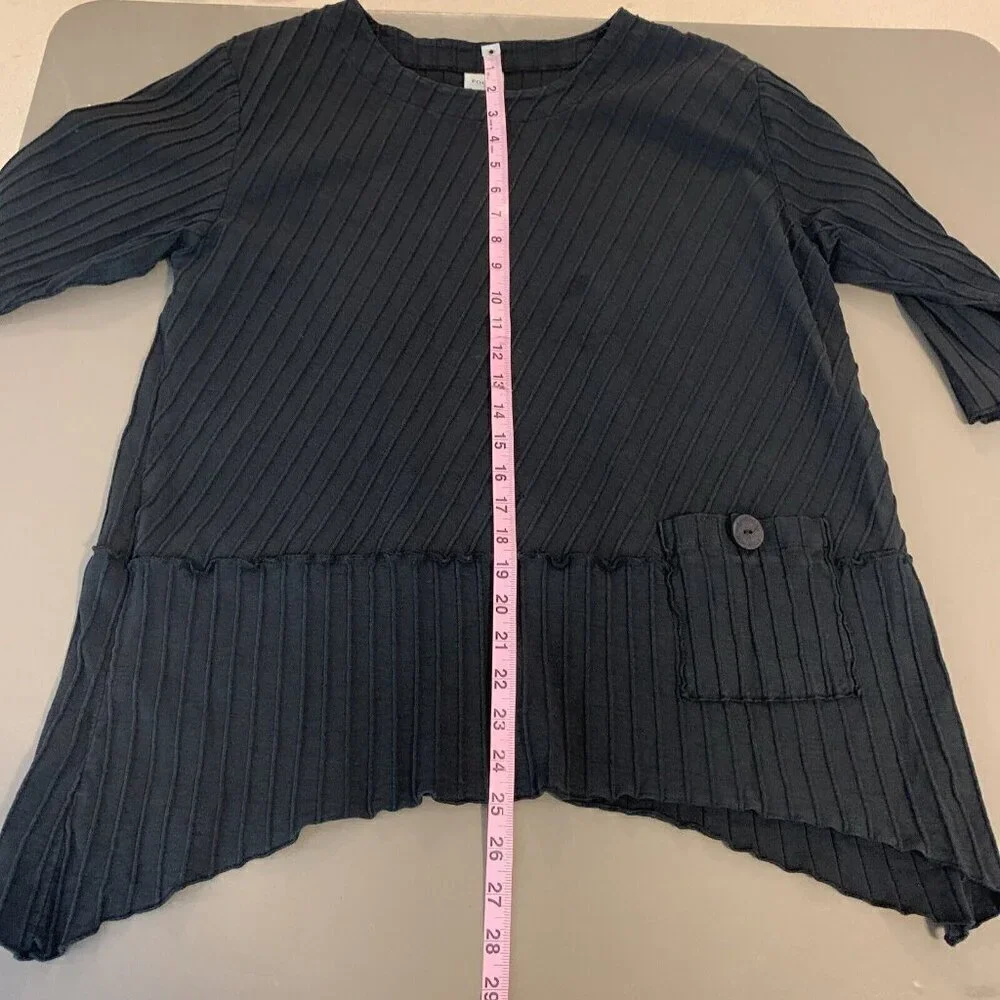 Focus Casual Life 3/4 Sleeve Tunic Top Black Knit Pocket Lagenlook Womens S